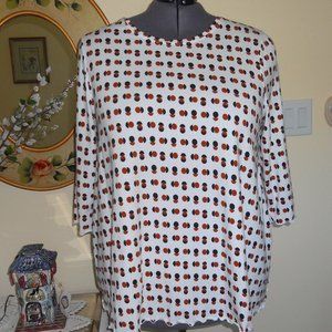 D & Co Denim & Co 2X Pullover Top White w/Brown/Black Geometric Pattern